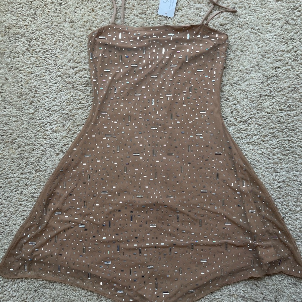 Tan Spaghetti Strap Dress with Silver Accents